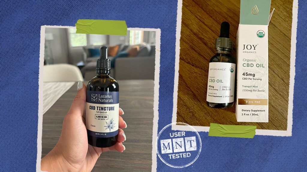 Two photos by MNT product testers. They are holding Lazarus Naturals and Joy Organics CBD oils against wooden countertops.