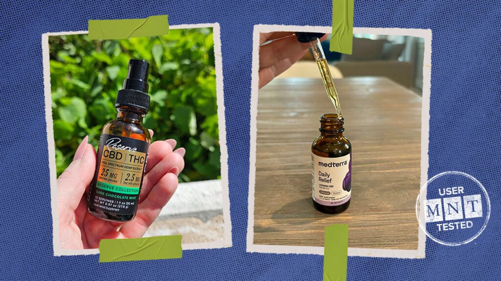 Two photos by MNT product testers. They are holding PlusCBD and Medterra CBD oils.