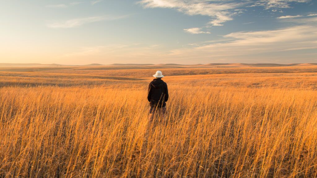 Older person standing in the middle of a wheat field in Kansas