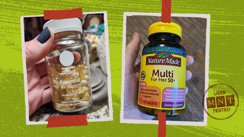 A collage of Ritual Essential for Women 18+ Multivitamin, and Nature Made Multivitamin for Her, on a lime green background.
