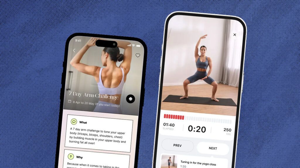 two phone screen showing wall pilates apps