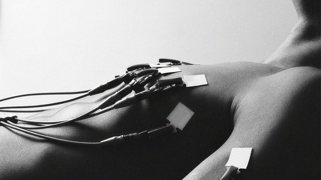 Patient undergoing electrocardiogram, mid section, side view