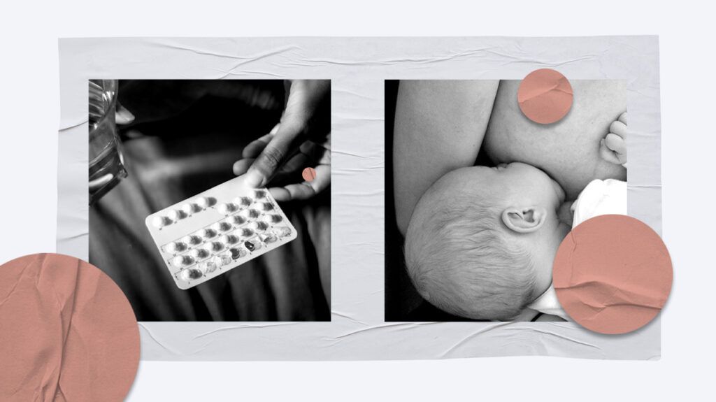 a collage showing a breastfeeding baby and contraceptive pills
