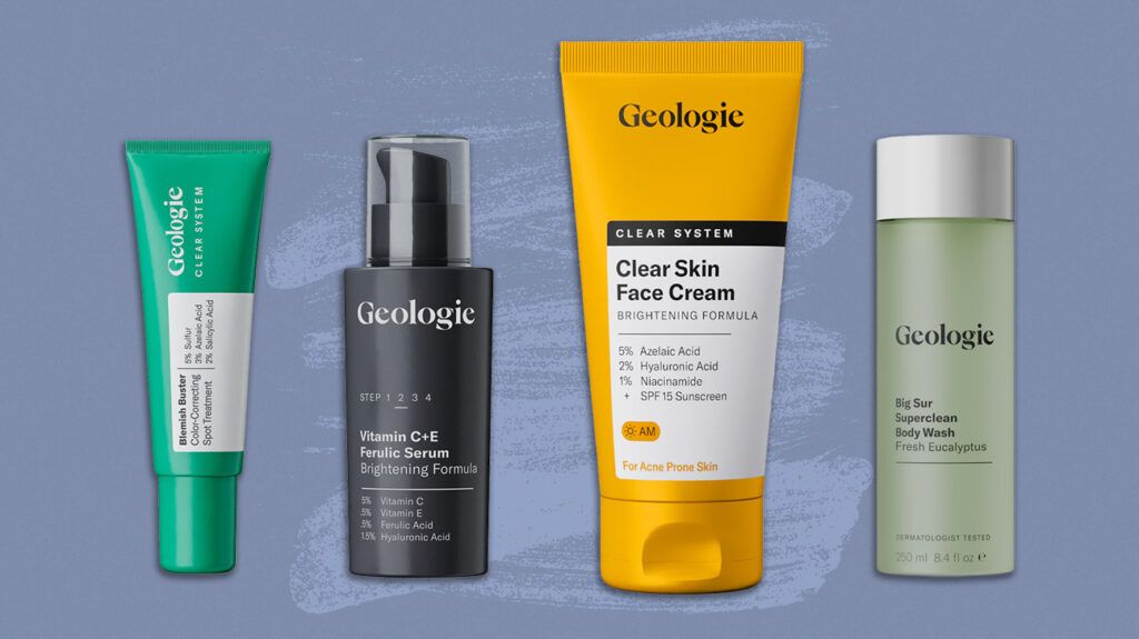 four geologie products in a horizontal line, all against a gray background