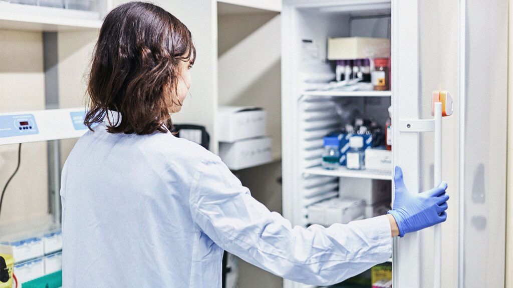Lab technician storing blood samples in fridge for later use