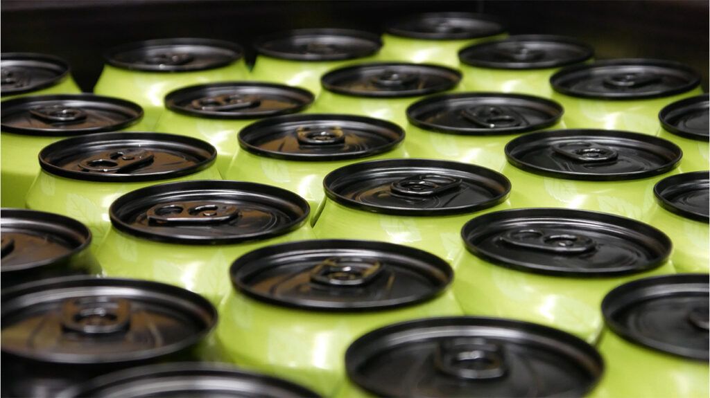 Cans of energy drinks stacked together in a bundle