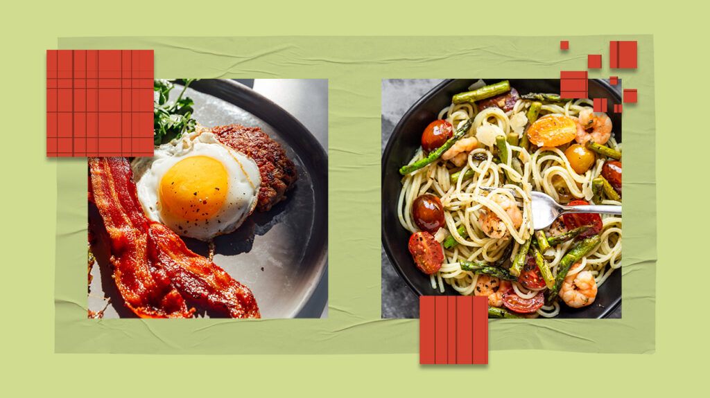 An illustration depicting a keto diet featuring a plate of breakfast foods such as a fried egg and bacon, and another one of the Mediterranean diet, featuring a bowl of pasta with shrimp, asparagus, herbs, and tomatoes