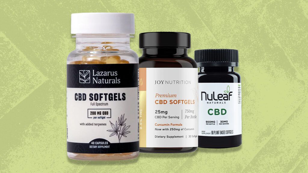 a textured, lime green background. In the middle are images of three CBD capsule brand bottles. From left to right, Lazarus Naturals, Joy Organics, and NuLeaf Naturals.
