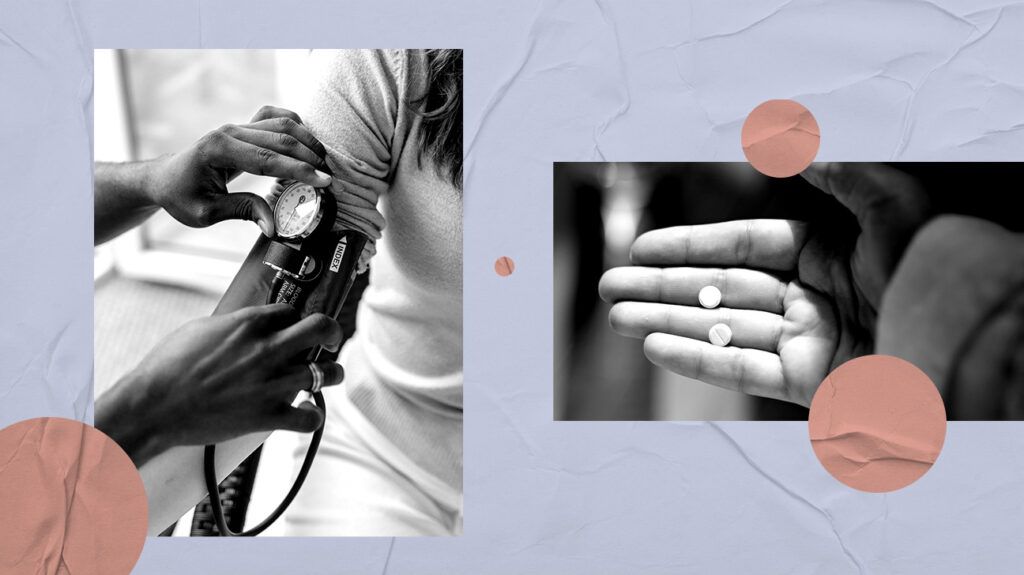 A photo collage of a person getting their blood pressure reading taken via a blood pressure monitoring cuff and a person holding anti-hypertensive medication pills in their hand