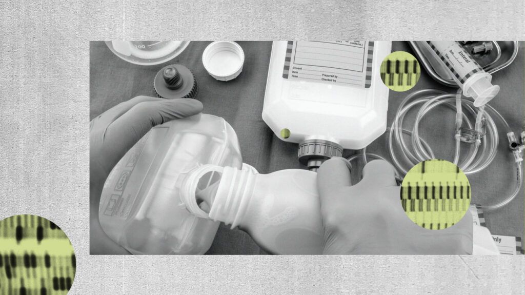 A person pouring liquid into a bottle to prepare an enteral diet.