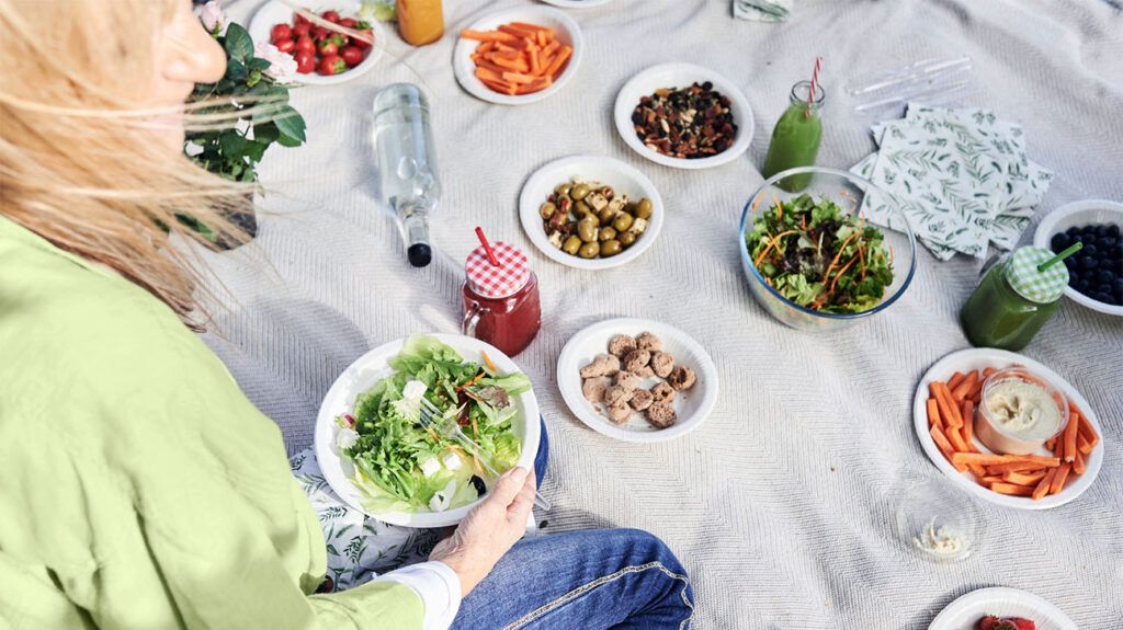 A person sits on a picnic blanket with various plates of vegetables, fruits, and nuts on plates that show a healthful diet A person sits on a picnic blanket with various plates of vegetables, fruits, and nuts on plates that show a healthful diet
