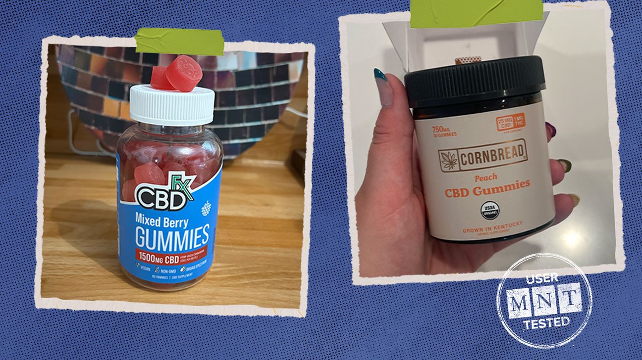 Two photos by MNT testers. One photo shows CBDfx gummies on a counter, the other Cornbread Hemp gummies in the tester's hand.