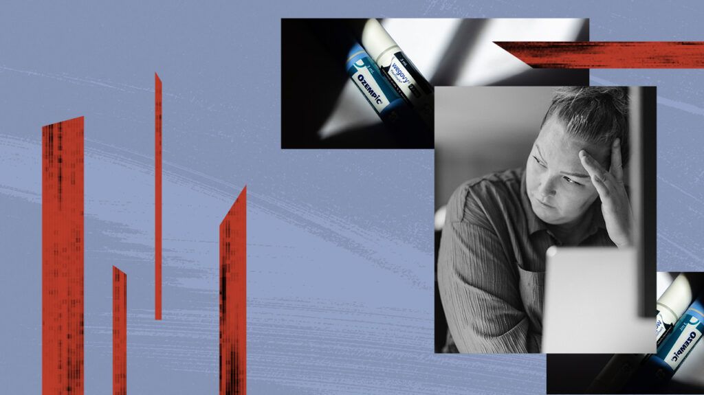 Ozempic fatigue collage showing tired woman with ozempic and wegovy injection pens in the background