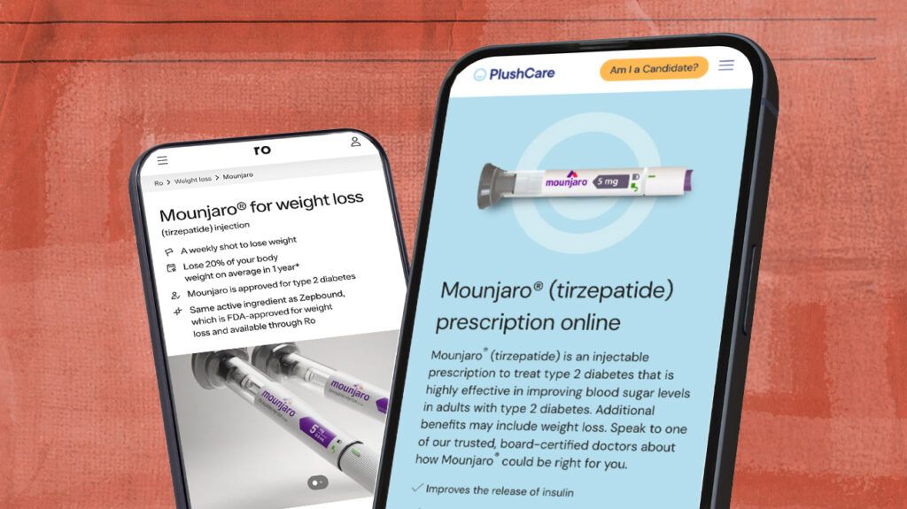 Two phone screens displaying the best places to get a Mounjaro prescription online, including from Ro and PlushCare. 