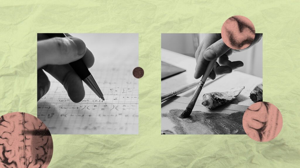 Collage image of a person painting and another writing, symbolising the right and left halves of the brain