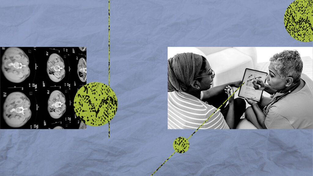 Collage image, a CT scan, and a doctor speaking to a patient