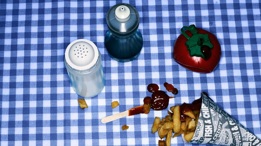 paper cone of potato chips pictured next to ketchup bottle, salt and pepper shakers on a blue checkered tablecloth