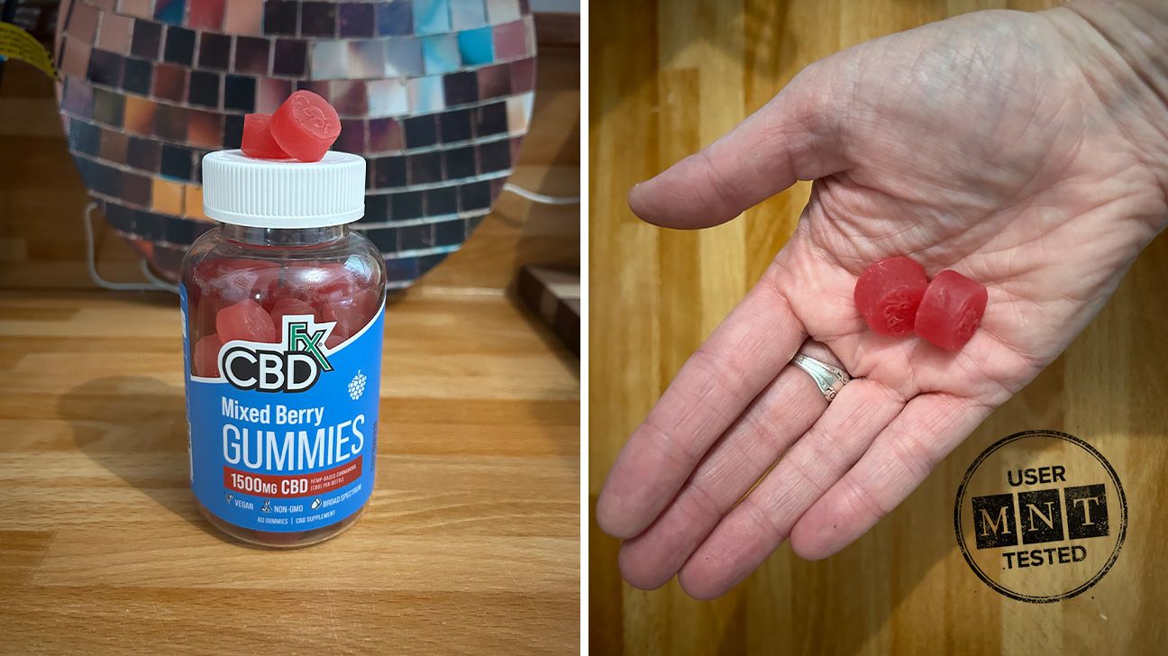 Tester photos of CBDfx mixed berry CBD gummies.