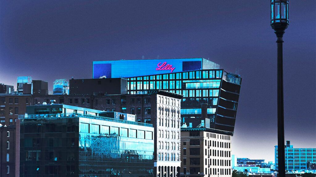 Eli Lilly building at dusk