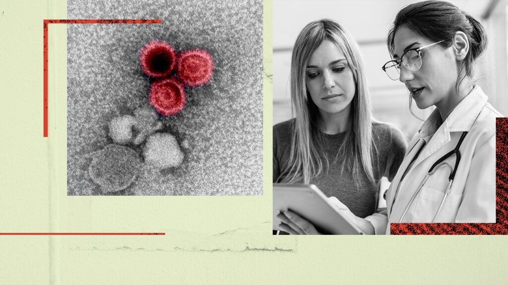 A photo collage of blood cells under a microscope and a doctor and patient discussing test results for lupus