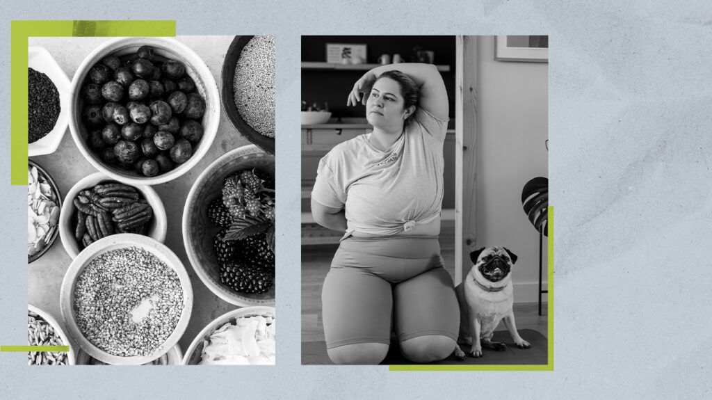 A collage of two photos depicting a healthy diet with bowls of fruits, nuts and seeds, and a woman stretching on a mat with her dog