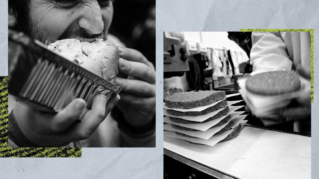 collage of two black and white photographs, one showing a man biting into a burger, the other a tray of burger patties