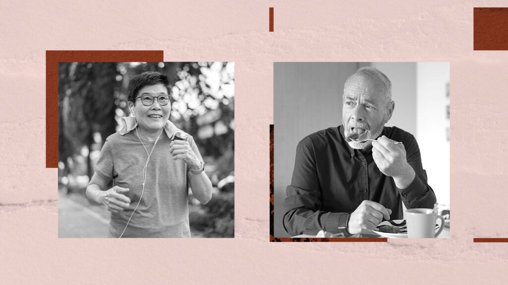 A collage of two photos featuring an older woman running outside with earphones in and an older man eating breakfast