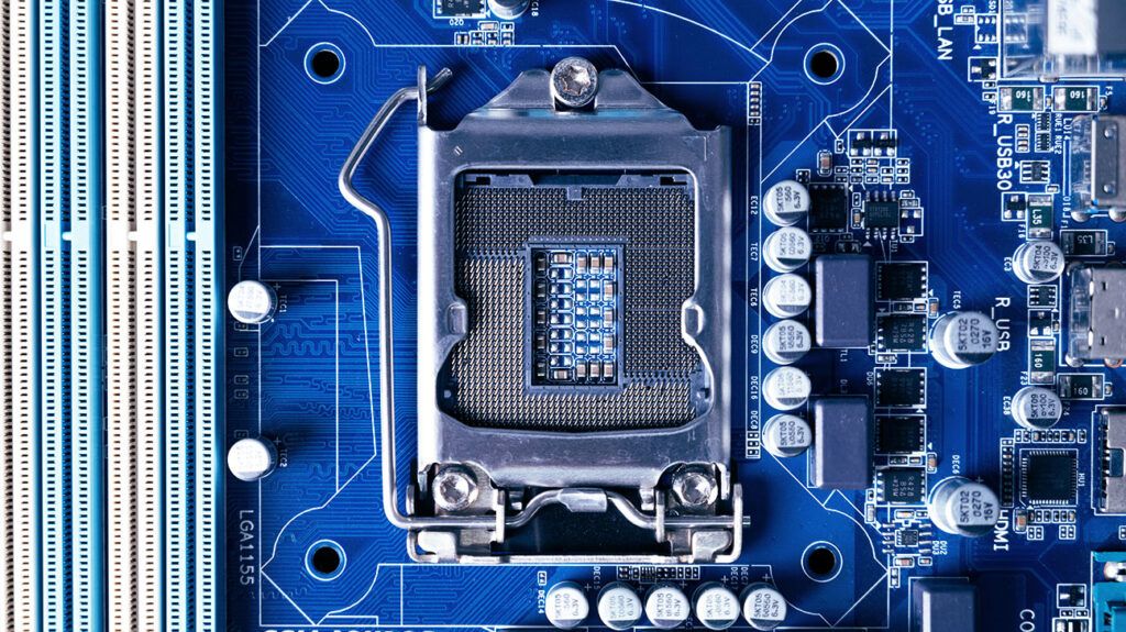 Close up of a CPU and motherboard.