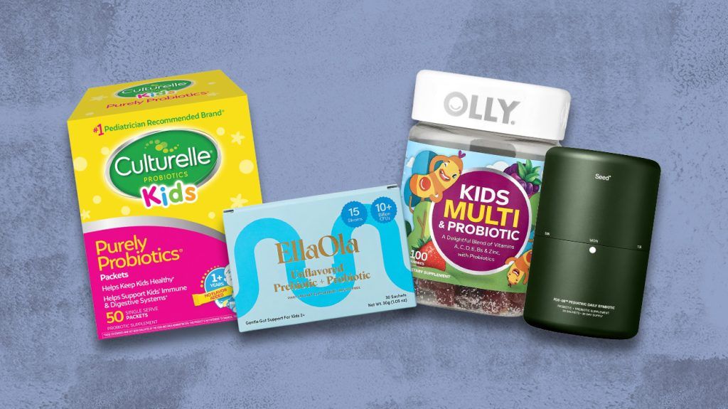 A selection of 4 of the best probiotics for kids on a blue textured background.
