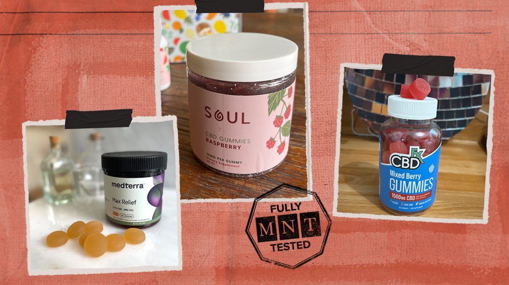 best cbd gummies tester review photos collage, including CBDfx, Medterra, and Soul CBD.