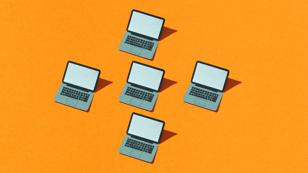 an illustration of five laptops on an orange background