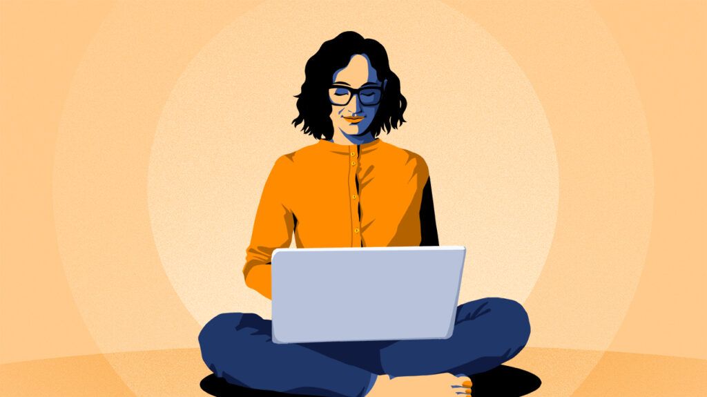 an illustration of a woman with a laptop