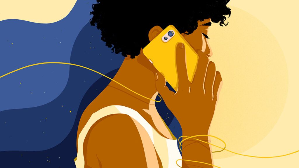 an illustration of a young black woman using her smartphone