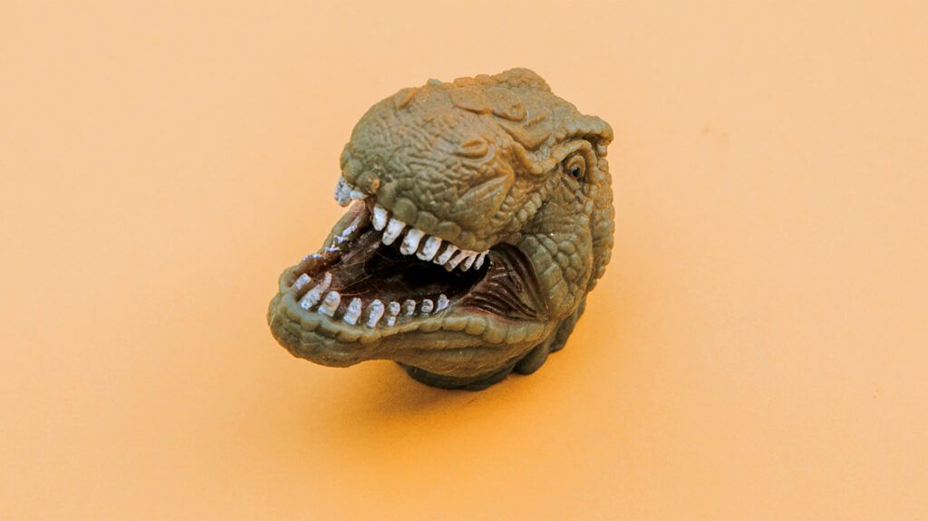 Head of a dinosaur T-rex toy on a light orange background