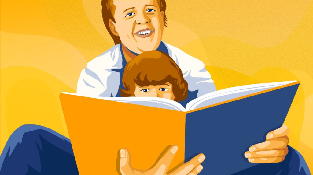 Steven Rowe calming his kid by reading to it