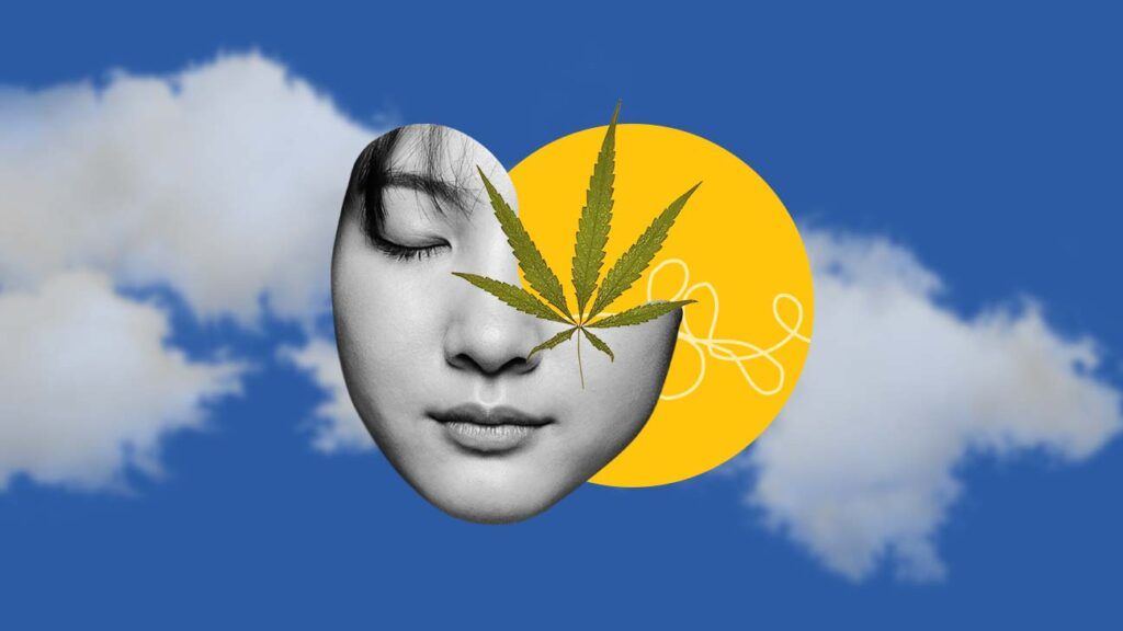 Face of woman in sky with cannabis leaf
