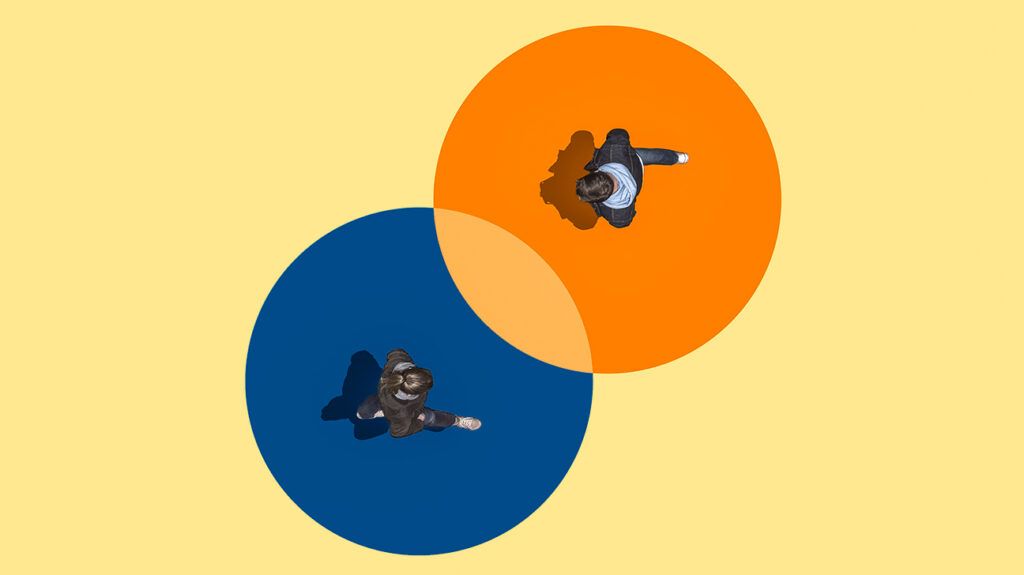 aerial view of two people walking in venn diagram shapes types of personal growth guides therapist and life coach