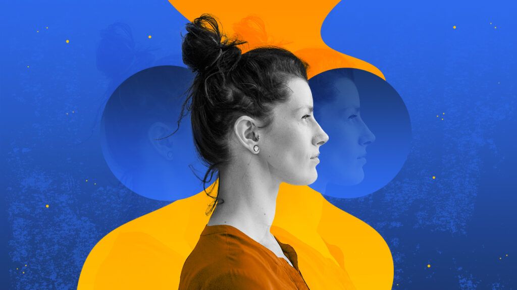 Woman in profile against blue and orange background