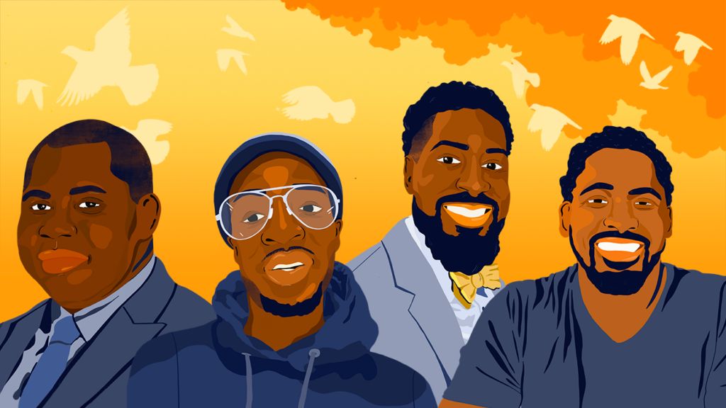 Four black fathers against an orange background