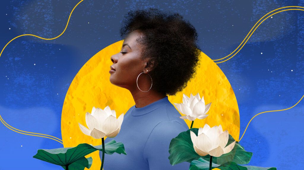 Mindful Moment beautiful young Black woman and lotus flowers