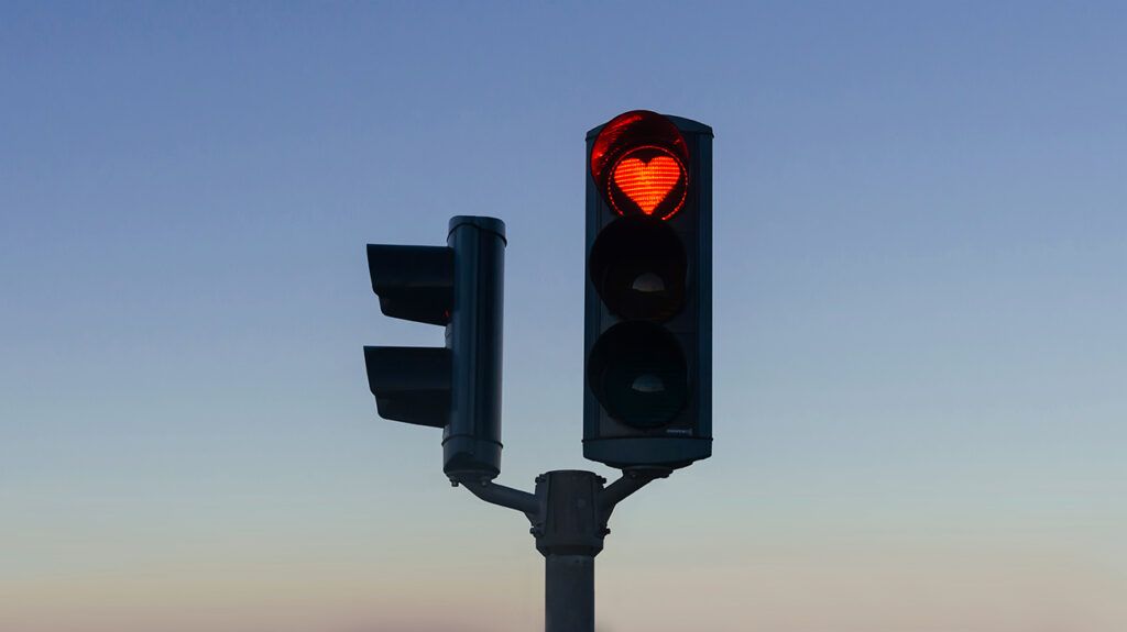 Heart-shaped red traffic stop light