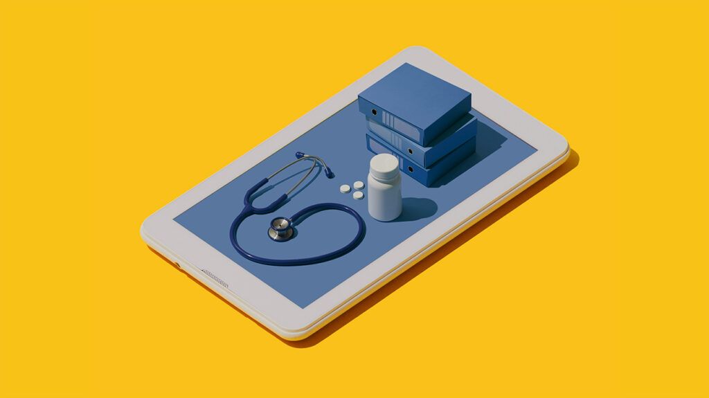 Illustration of a smartphone with a stethoscope, folders, and a pill bottle on its surface. Background is yellow