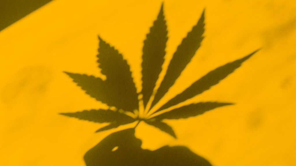 Shadow of a hand holding cannabis leaf