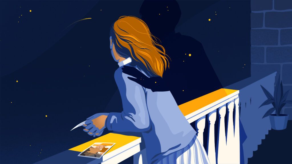 Illustration of a woman on a balcony looking at the star with the silhouette of her deceased parent next to her 