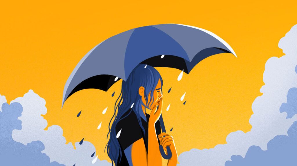 Illustration woman crying under umbrella