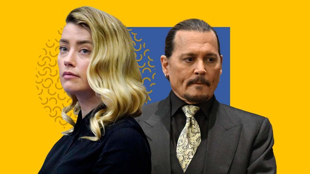 A photo collage of actors Amber Heard and Johnny Depp with a blue and yellow background