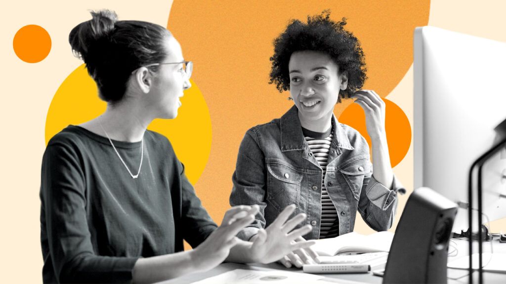 Collage of two people sitting next to each other discussing something at work on an orange-yellow background