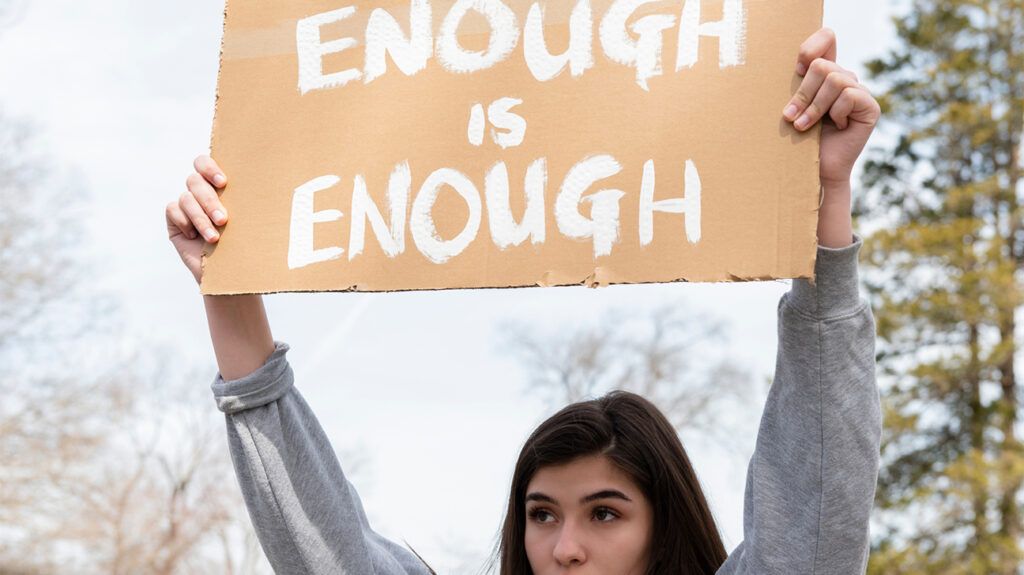 Young woman holding protest sign that reads: "ENOUGH IS ENOUGH"