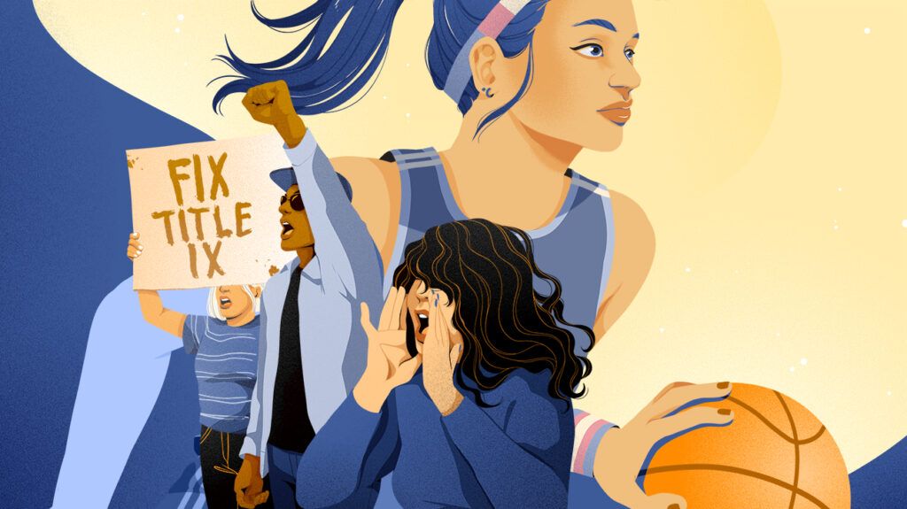 An illustration of a female basketball player and protesters