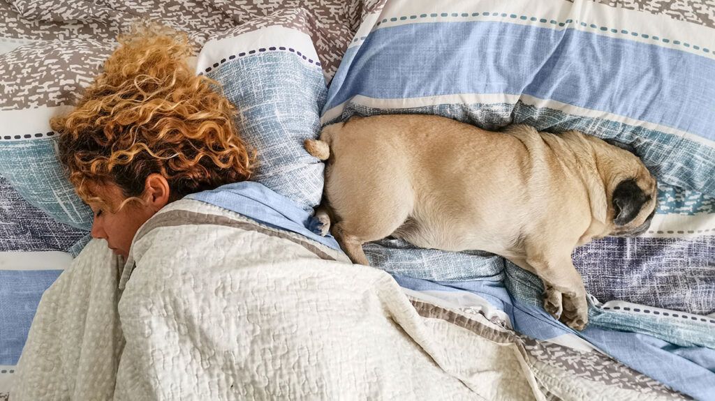 Woman sleeping with her dog, dog butt is near her head